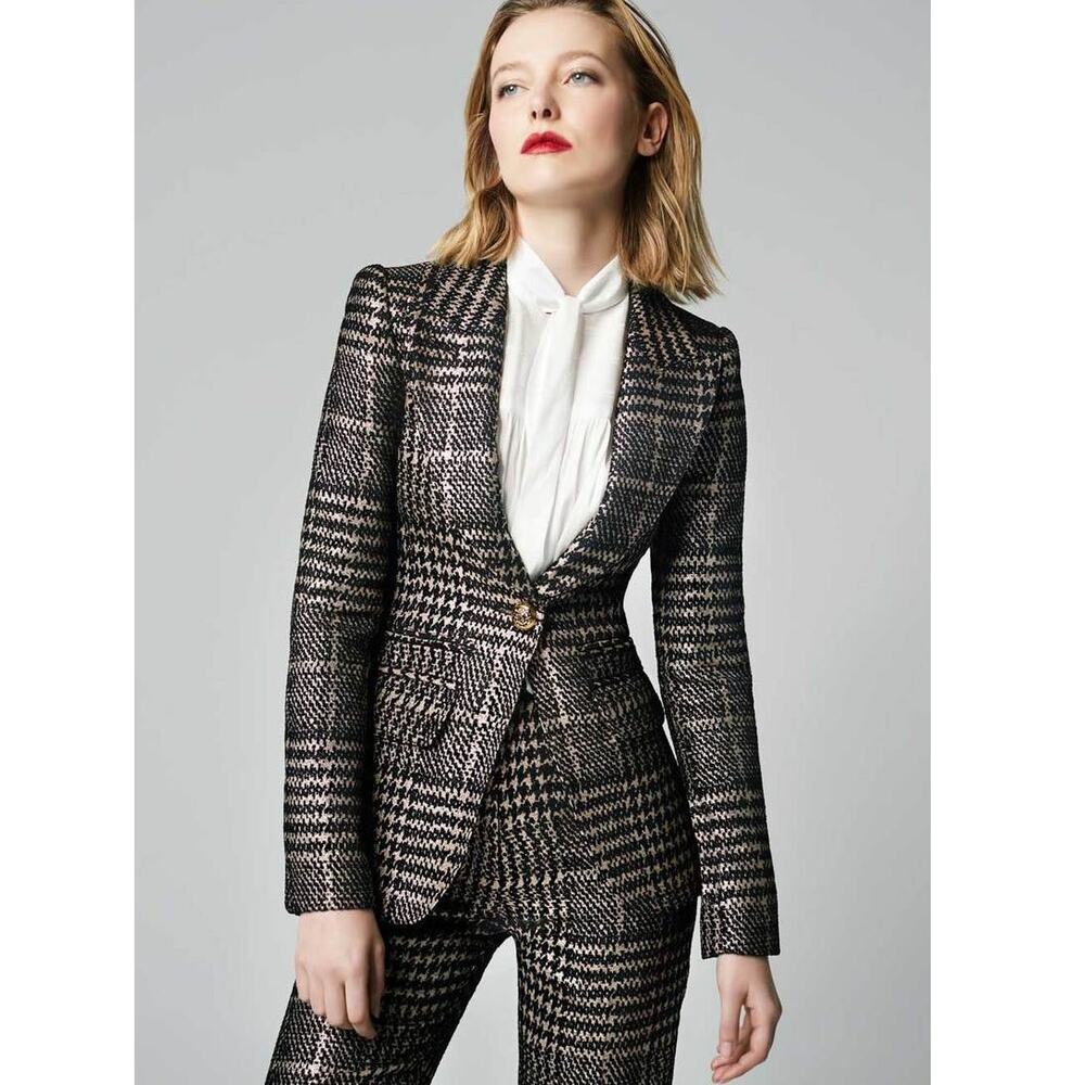 Smythe Hutton Tailored Plaid Houndstooth Blazer Single Button Black Size 4
